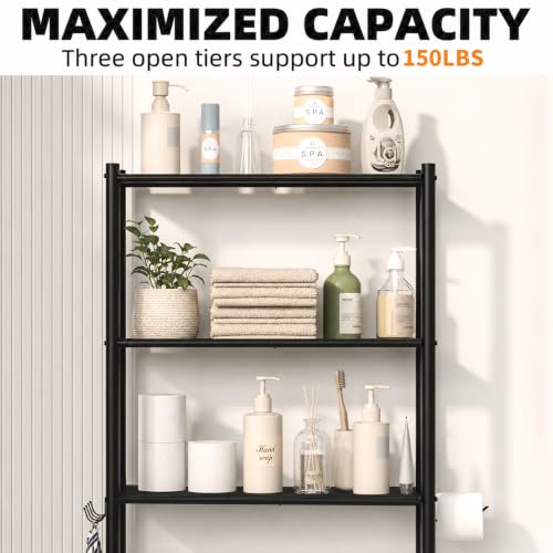 GloTika-3-Tier-Over-Toilet-Storage-Anti-Tilt-64-H-Black-Anti-Tilt-Safety-System-150lb-Capacity-Carbon-Steel-Freestanding-No-Drilling-Anti-Rust-Coating-Paper-Holder-4-Hooks