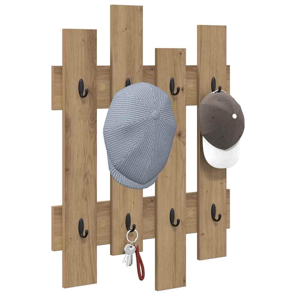 Wandmontiertes Garderobenregal Artisan Eiche Holzwerkstoff 60 x 3 x 82 cm, Haken Wandhalterung für Flur Büro, platzsparende Aufbewahrung für Mäntel Taschen Accessoires