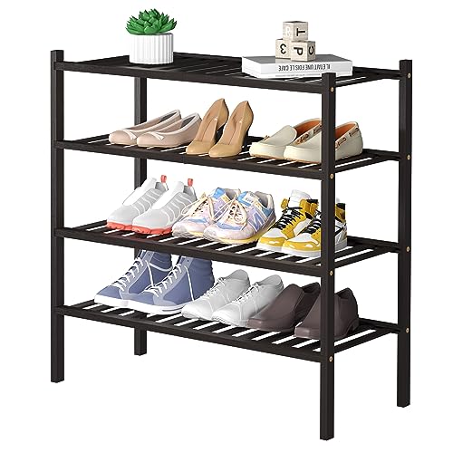 4 Tier Bamboo Shoe Rack for Closet Free Standing Wood Shoe Shelf for Entryway Small Space Stackable 27"x11"x26" (Brown)