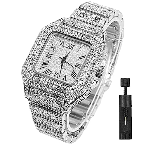 Apzzic Diamond Watch Iced Out Cz Gold Plated Cuban Link Watch Square Dial Quartz Wristband Analog Wrist Watch For Men Women Silver #TOP26