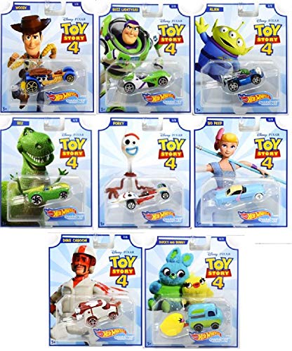 Hot Wheels Toy Story 4 - Complete Set of 8 Collectible Character Cars - Woody, Buzz Lightyear, Alien, Rex, Forky, Bo Peep, Duke Caboom, Ducky & Bunny