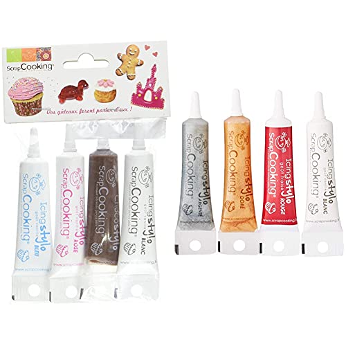 SCRAP COOKING 4 Stylos Déco Blanc/Rose/Bleu/Marron, Chocolat, 4 x 20 g & 4 Icing Stylos à Pâtisserie : Or, Choco, Blanc & Rouge - Crayons Alimentaires Comestibles Décoratifs Colorants