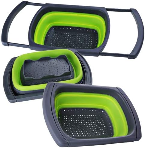 Over-the-Sink Collapsible Colander, Food-Grade-Silicone kitchen Strainer with Extendable Handles ,Space-Saver，Folding Strainer for Kitchen，6-quart Capacity, Dishwasher-Safe，BPA Free (Green&Grey)