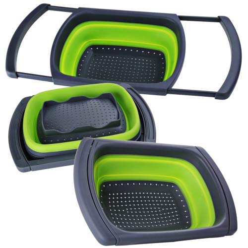 Over-The-Sink Collapsible Colander, Food-Grade-Silicone Kitchen Strainer With Extendable Handles ,Space-Saver，Folding Strainer For Kitchen，6-Quart Capacity, Dishwasher-Safe，Bpa Free (Green&Grey) #TOP20