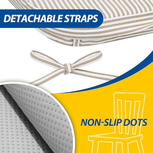 Image of AAAAAcessories D-Shaped Chair Cushions, 2 inch Thick Dining Chair Pads with Ties and Removable, Machine-Washable Cover, 17 inch x 16 inch, Set of 2, Natural Sand Pinstripe