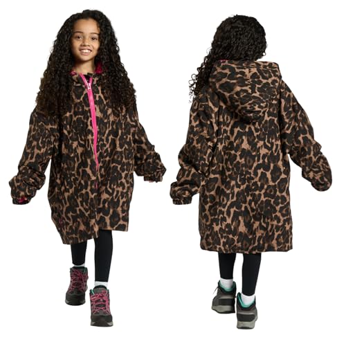 OHS Leopard Print Kids Dry Robe Oversized Waterproof Jacket Lightweight Fleece Lining Changing Robe with Hood & Pockets Rain Coat Breathable Boys Girls Clothing for Beach Surfing Outdoor Pink - L/XL