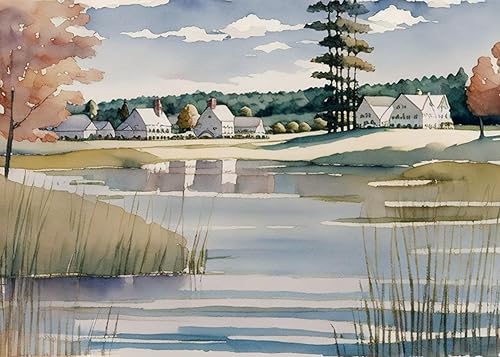 Peinture d'un lac aquarelle SERENDIPITP grande toile murale 58 x 90 cm haute définition