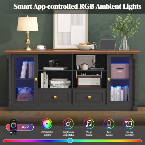 Image of Corner TV Stand for 55 60 65 Inch TVs,Entertainment Center,Black | Classic Column Design With 2 Display Cabinets,2 Drawers,Power Outlet & Led Light, Media Furniture For Living Room,Bedroom
