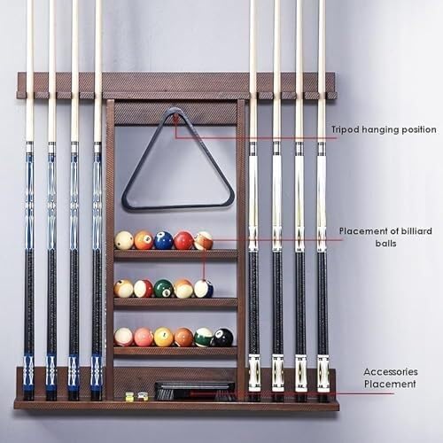 Czarny, wolnostojący, drewniany stojak na kije bilardowe, montowany na ścianie, mieści 8 kijów bilardowych i akcesoriów bilardowych (wymiary: 91,5 * 96 * 11 cm)