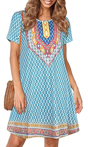 Women Boho Dresses Summer Vintage Printed Ethnic Style Sundress Shift Short Sleeves Pocket(Light Blue Boho,L) #TOP24