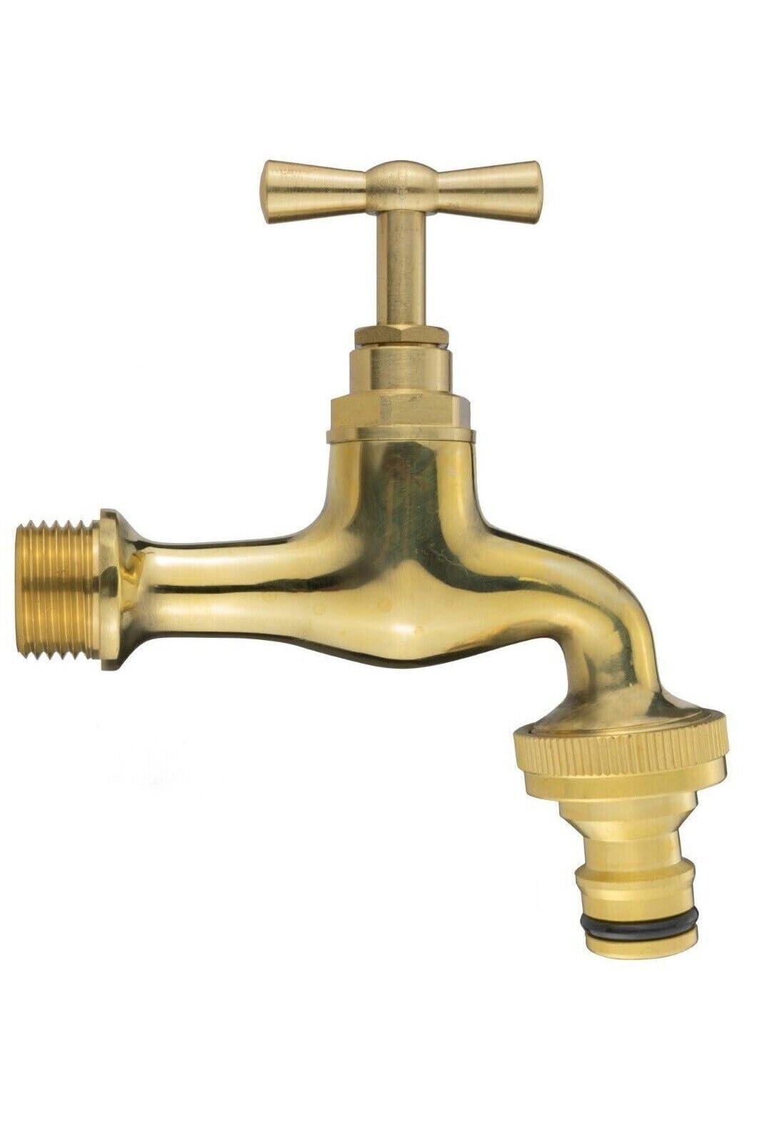 Garden Outside Tap 1/2 & 3/4 Quick Connector Hose Plug Various Models Lever (Polished Brass Bib (Quick Connector), 1/2") — image 1