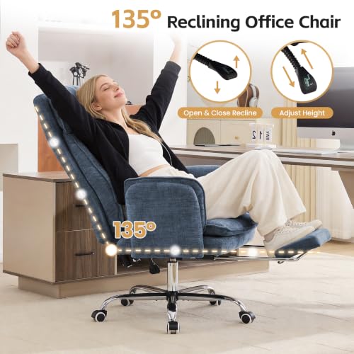 Image of HUBSON Big and Tall Office Chair, Footrest & Flip Armrest for Pets, Blue | Executive Ergonomic Criss Cross Chair, Reclining High Back Desk Chair, Chenille Swivel Computer Chair with Lumber Pillow