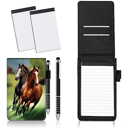 BEOTIWAD Running Horse Mini Pocket Notepad Holder Set with Metal Pen and 2 Pieces 3x5 Inch Memo Book Refills - Perfect for Business, Travel, and Daily Use