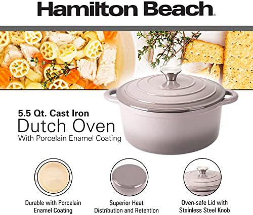 Hamilton Beach 5.5-Quart Enameled Cast Iron Dutch Oven with Lid | Heavy-Duty Pot for Braising, Roasting & Baking - Thumbnail 3