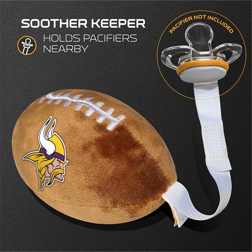 Image of Minnesota Vikings Plush Football Pacifier Holder by Smilo - Officially Licensed NFL Soother Holder - Soft Plush Toy and Dummy Holder - Fits Any Pacifier - Stroller Accessory & Newborn Essential