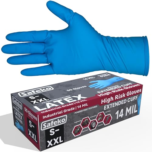 SAFEKO 14 Mil Blue Latex Disposable Gloves Extended Cuff Powder-Free Textured Grip | Heavy-Duty Industrial Gloves for Mechanics Janitorial & Cleaning