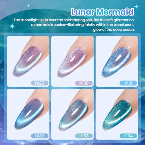 Image of Beetles Cat Eye Gel Nail Polish Set - Lunar Mermaid 6 Colors Summer Gel Nail Polish Kit Glitter Blue Purple Navy Blue Teal Colors Magnetic Shine Soak Off UV Salon DIY Manicure Gift for Women