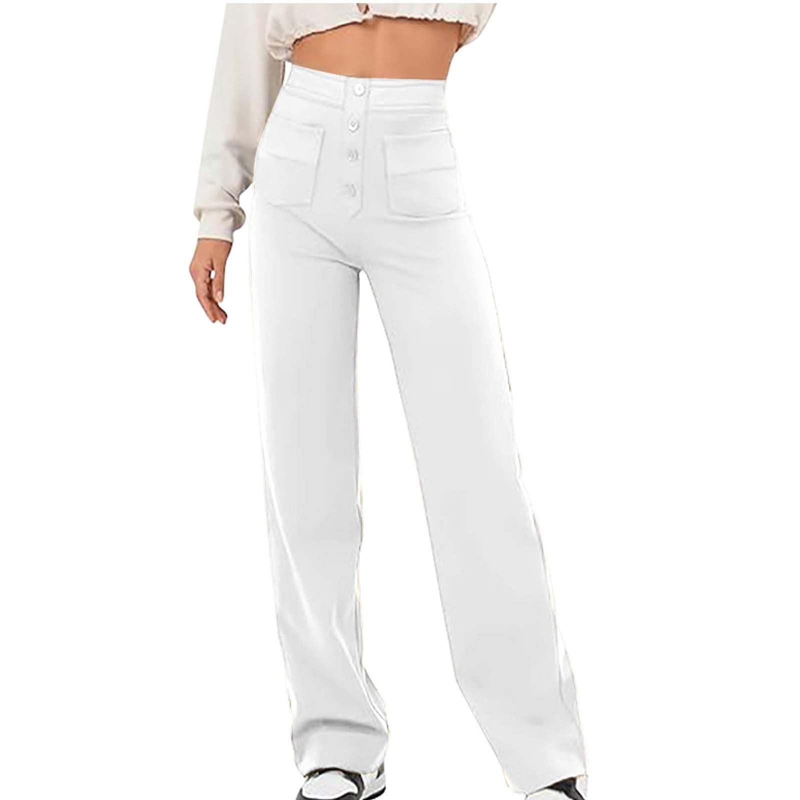 Womens High Waisted Pants Straight Leg Pants with Pockets Decorative Buttons Wide Leg Trousers Elastic Solid Trousers Pant