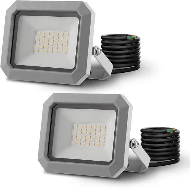30W LED Flood Lights Outdoor, 2400LM Outdoor Security Lights, IP65 Waterproof Led Floodlight, with 1M Power Cable, 4000K Daylight White, Ideal for Garden, Garage, Courtyard-2 Pack