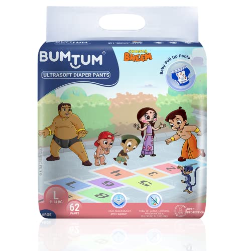 Image of Bumtum Chota Bheem Large Baby Diaper Pants, 62 Count, Leakage Protection Infused With Aloe Vera, Cottony Soft High Absorb Technology (Pack of 6)