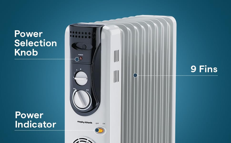 Image of Morphy Richards OFR 09F 2400W Oil Filled Radiator Room Heater | 9 Fin | PTC Fan Heater | Adjustable Thermostat | Overheat Protection | Castor Wheels | Silent Operation | 2 Year Warranty | Grey
