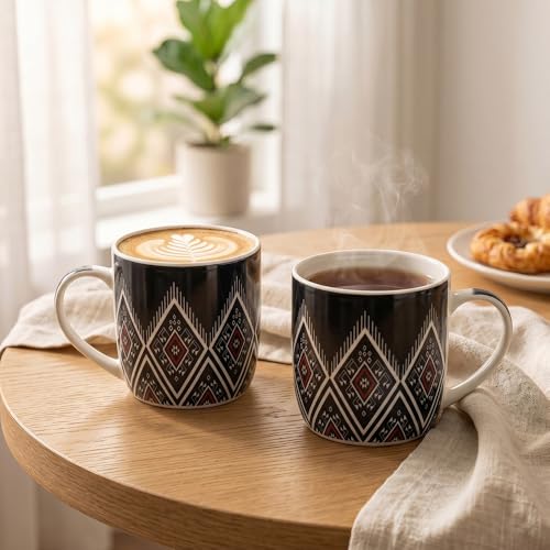 Image of UPC Coffee Mug Set of 6 | Black Aztec Geometric Print | Red & White Tribal Pattern Tea & Coffee Cups | Bone China | Microwave Safe | Home & Kitchen