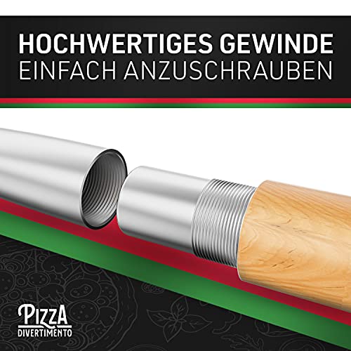 Pizza Divertimento [DAS ORIGINAL] - Pizzaschieber - Pizzaschaufel aus rostfreiem Aluminium [83 cm]- Robustes Gewinde - Pizzaheber mit abgerundeten Kanten - Inkl. e-Rezeptbuch