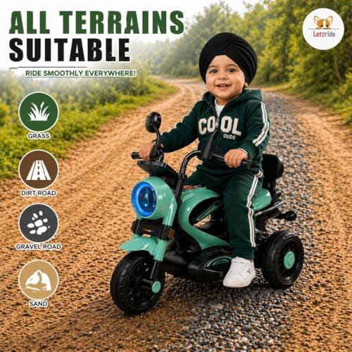 Image of Retro Bike for Kids Ride On Battery Operated Motorcycle | Rechargeable Electric Bike with Foot Accelerator, LED Light, Music, 3 Wheels, Stable Ride | Toy for Boys Girls Age 1-3 Years Green
