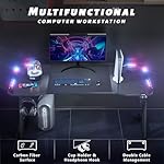 HLDIRECT 55 Inch Gaming Desk with LED Lights Carbon Fibre Surface Gaming Table Large Computer Desk Ergonomic Home Office Desks Z Shaped PC Gamer Workstations with Cup Holder & Headphone Hook Black - Image 5