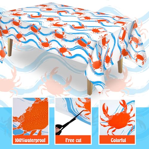 Image of Juexica 2 Pcs 54 x 108 Inch Crab Boil Party Table Cloth Summer Seafood Party Supplies Plastic Crab Tablecover Decorations Rectangular for Sea Animals Dining Kitchen Centerpiece (Blue Waves Style)