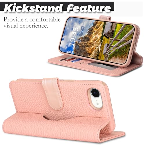 Image of Detachable Genuine Leather Case for iPhone 16e / iPhone 17e Wallet Case Magnetic 2in1 Removable Flip Cover Book Purse Compatible with Magsafe Charging Kickstand Card Holder-Pink