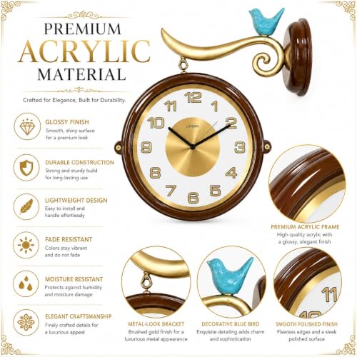 Image of Armonia Premium Heritage Royale Double-Sided Station Wall Clock, 18.5 Inch Vintage Analog Dual Face Hanging Clock, Silent Quartz Movement, Acrylic Wall Clock for Living Room,Office, Home Decor (Brown)
