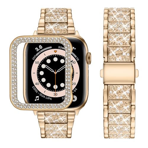 wutwuk Compatible with Apple Watch Straps Serie 11/10 42mm, Metal Sparkling iWatch Strap with Bling Case