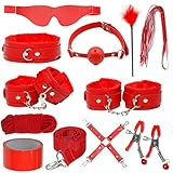 Kutocesy BDSM Set 11 Pieces Fesseln Sexspielzeug für Paare mit Handcuffs Whip Nipple Clamps Gag Plug Extreme Bed Restraints Sex Toyset for Couples (Red)