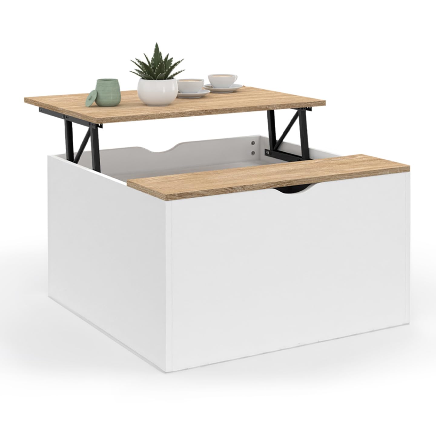 IDMarket - Table Basse Plateau relevable carrée ELEA avec Coffre Bois Blanc et façon hêtre