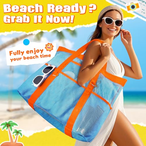 Stylish & Spacious XX-Large Beach Bag for Women – 12 Pockets, Foldable & Lightweight Mesh Tote, Includes 2 Carabiners2