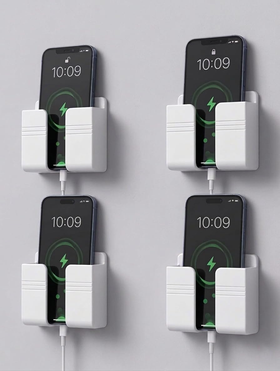 Wall Mounted Mobile Holder for Charging and Remote Storage, Self Adhesive, Multi-Purpose Wall Organiser for Home and Office, Pack of 4-image-0