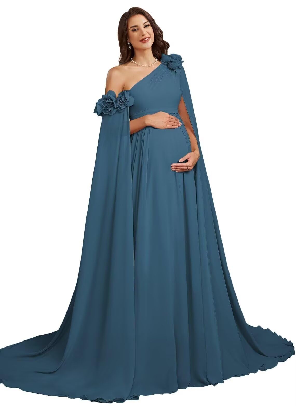 One Shoulder Chiffon Maternity Dresses for Photoshoot Cape Sleeve 3D Floral Long Photography Baby Shower Dress