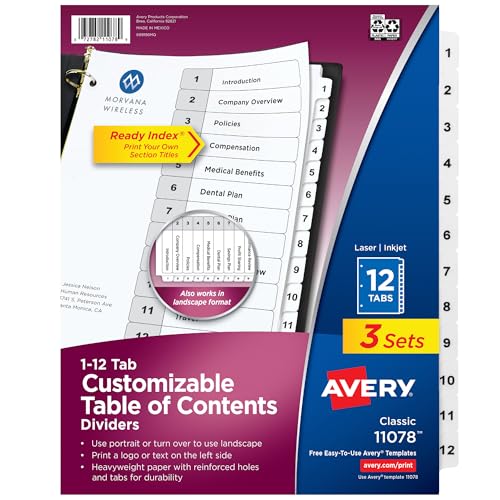 Avery Dividers for 3 Ring Binders, 12 Tabs per Set, Customizable Table of Contents, Classic White Tabs, Great for Organizing Reports, Projects, and More (3 Sets of 11078)
