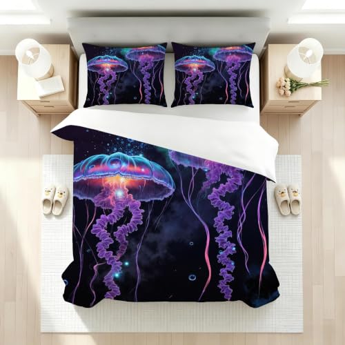 Housse de Couette 160x200 Violette Imprimé 3D Méduse | Parure de Lit Microfibre - 3