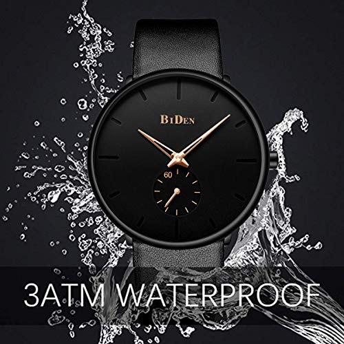 Mens Watch Ultra-Thin Quartz Analog Wrist Watch 30M Waterproof Fashion Minimalist with Leather Band - Black Gold