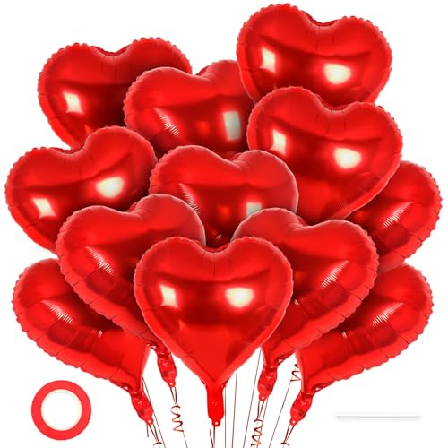 12 Pcs Red Heart Balloons 18 Inch Heart Foil Balloons Love Balloon Valentine Balloon for Birthday Party Wedding Engagement Party Baby Shower Valentine Day Decorations
