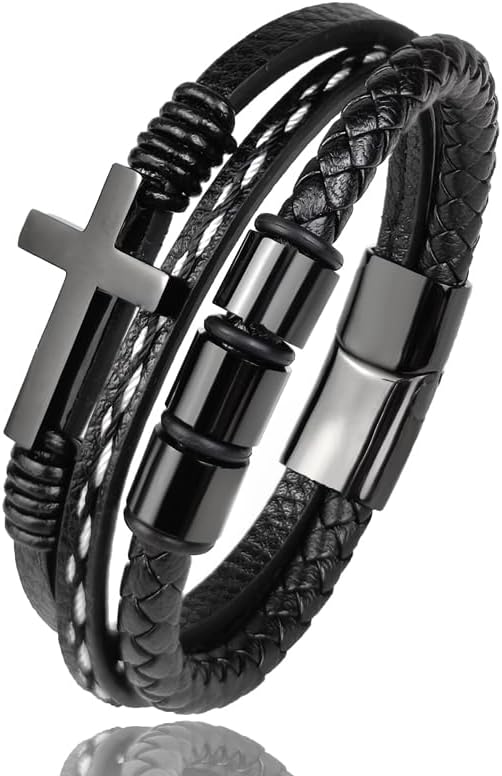 Multi-Layer Braided Leather Bracelets Mens Cross Leather Bracelet Wristband Religious Leather Bracelets Men Customized Gifts for Dad Husband Boyfriend Son