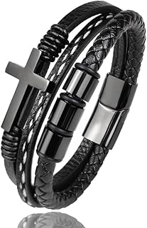 Multi-Layer Braided Leather Bracelets Mens Cross Leather Bracelet Wristband Religious Leather Bracelets Men Customized Gifts for Dad Husband Boyfriend Son