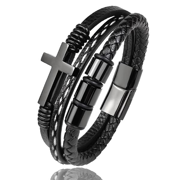 inrosom Multi-Layer Braided Leather Bracelets Mens Cross Leather Bracelet Wristband Religious Leather Bracelets Men Customized Gifts for Dad Husband Boyfriend Son by inrosom - Used condition - US$6.87