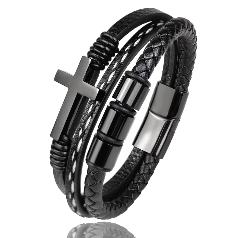 Pulsera cruz trenzada de cuero para hombre miniatura 1
