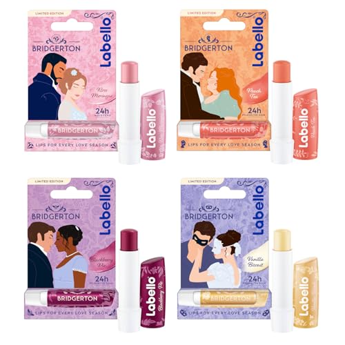 Labello BRIDGERTON Limited Edition Set 4x Lippenpflege (Rose Peach Blackberry Vanilla) 24h Feuchtigkeit 4-teilig
