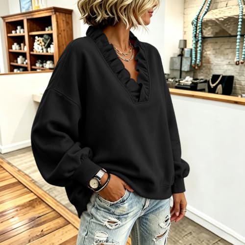 Elneeya V Neck Sweatshirt Women Oversized Ruffle Vintage Fall Sweatshirt - image 5