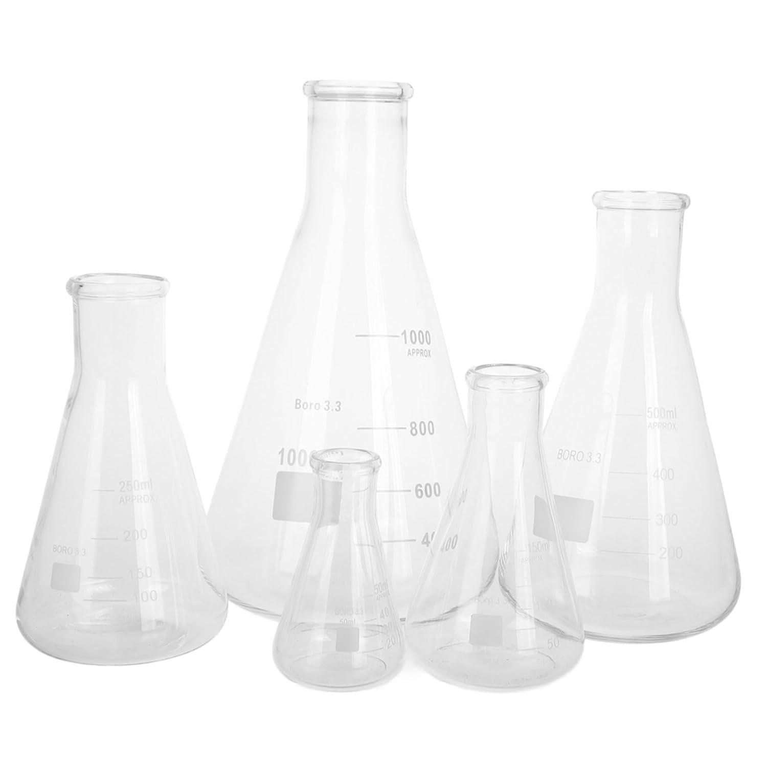 NOLITOY 5pcs Borosilicate Glass Erlenmeyer Flask Set Flat Bottom Conical Flasks High Temperature Resistant Lab Glassware for Chemistry Experiments