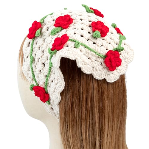 Handmade Crochet Women's Triangle Headscarf, 3D Floral Soft Skin-Friendly Cotton Cute Hair Wrap3